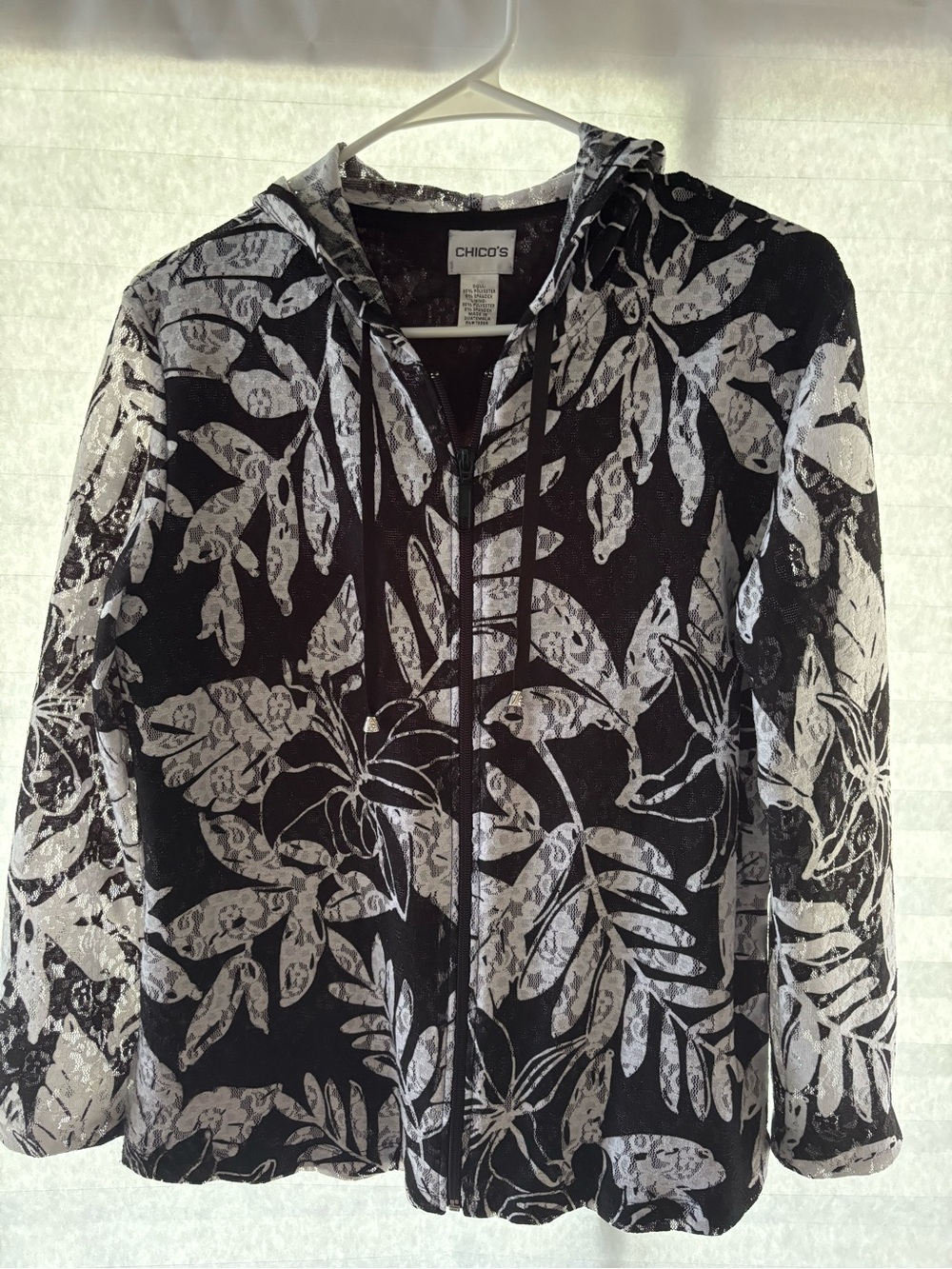 Chico's Black and White Botanical Zip Hoodie Jacket